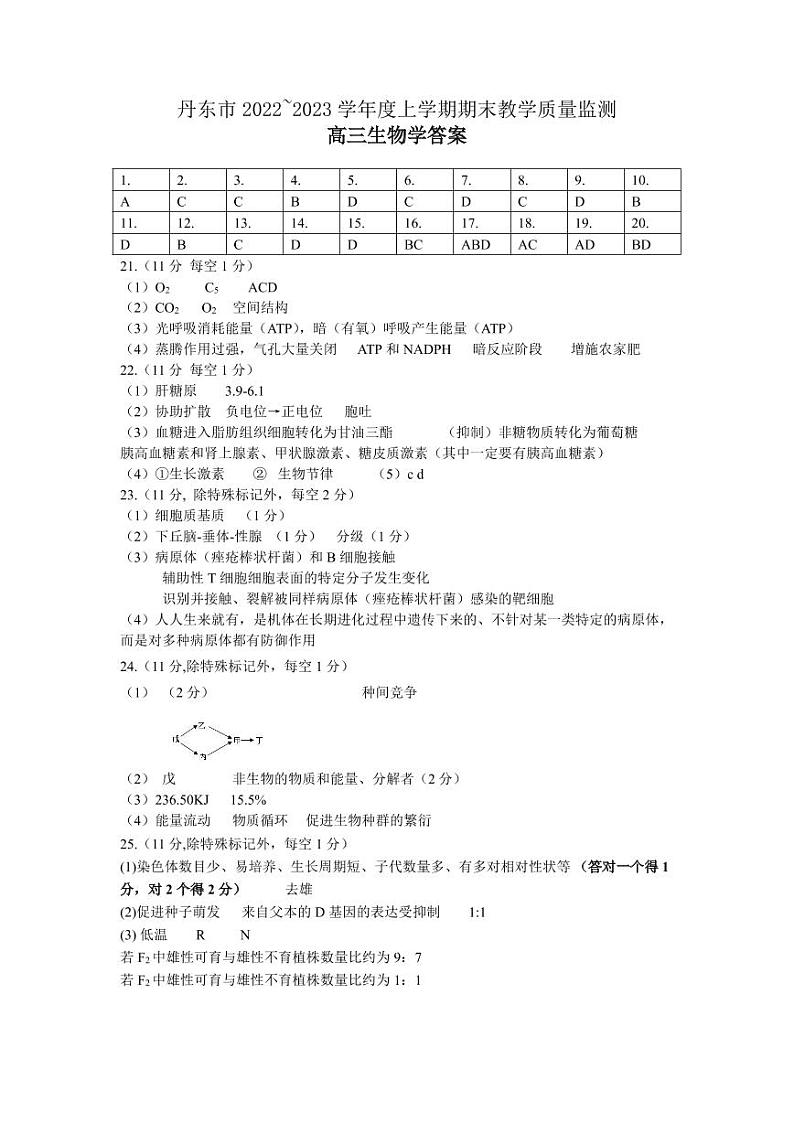 高三生物答案第1页