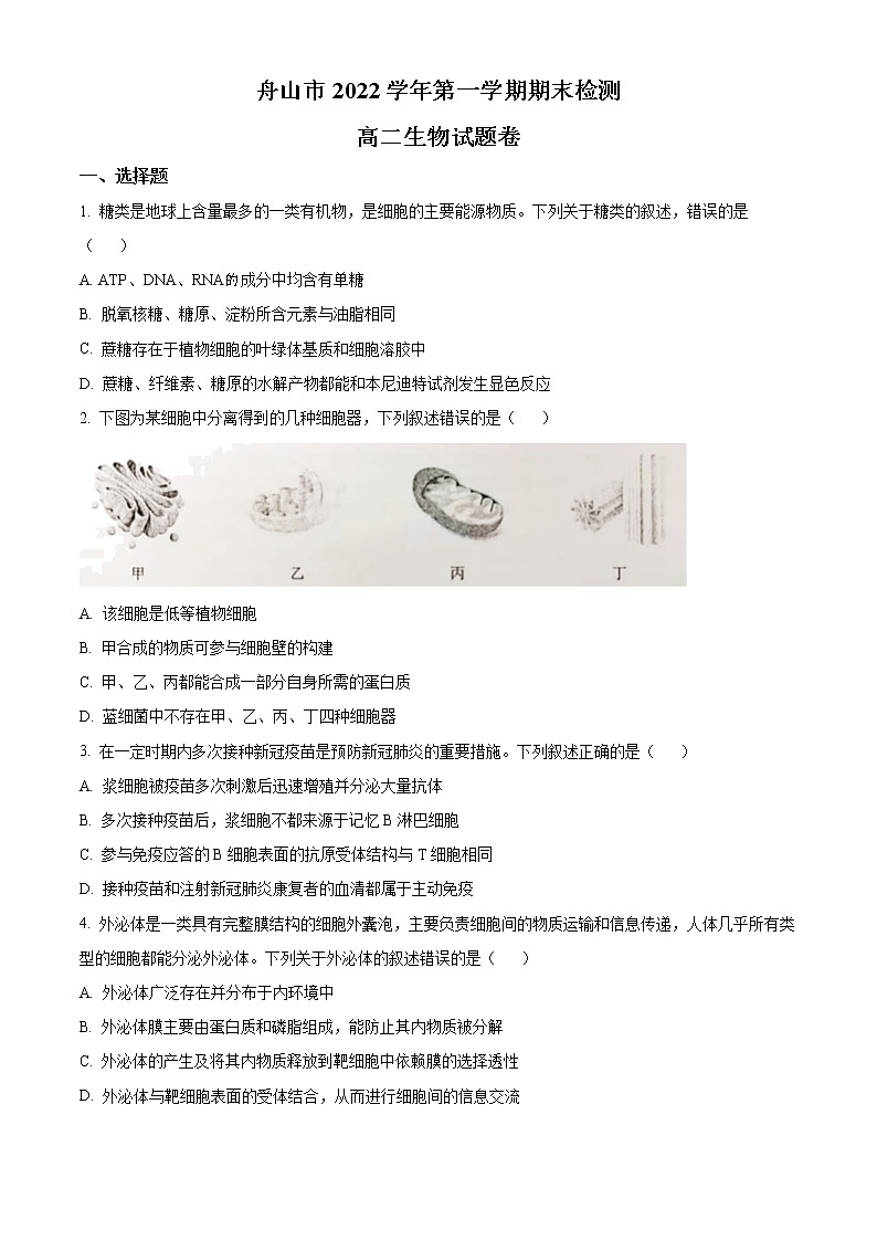 2023舟山高二上学期期末检测（开学考试）生物试题含答案01