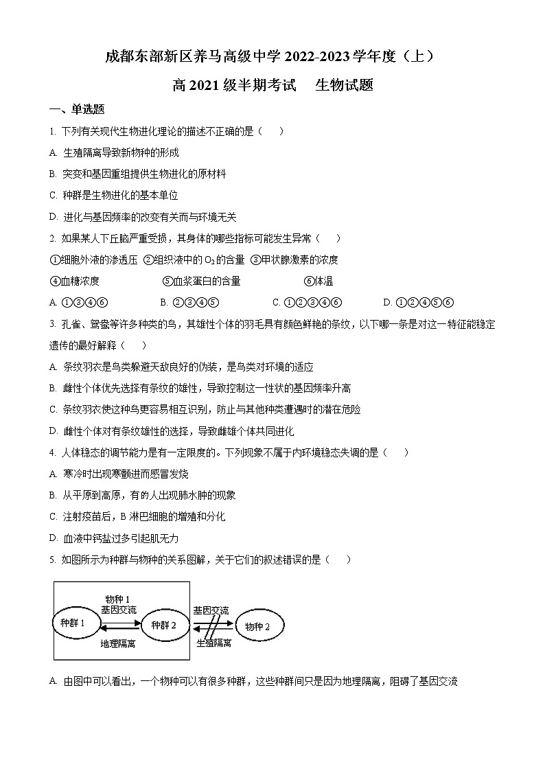 2023成都东部新区养马高级中学高二上学期期中考试生物含解析01