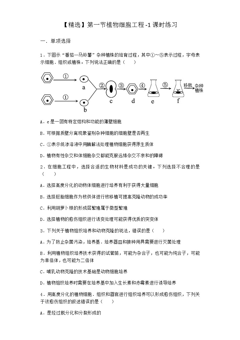 北师大版高中生物选择性必修3第一节植物细胞工程课时作业含答案101