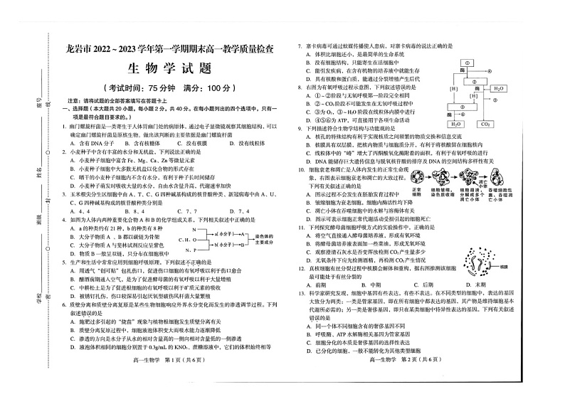 2023龙岩高一上学期期末考试生物图片版含答案01