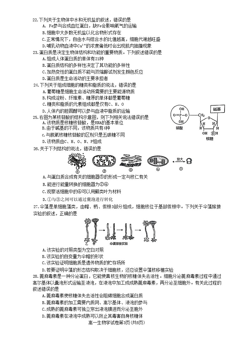 2023唐山高一上学期期末生物试题含答案03