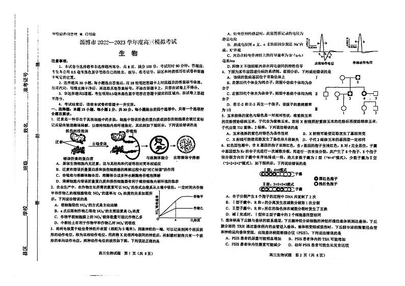 山东省淄博市2023届高三下学期一模考试生物试题pdf版无答案第1页