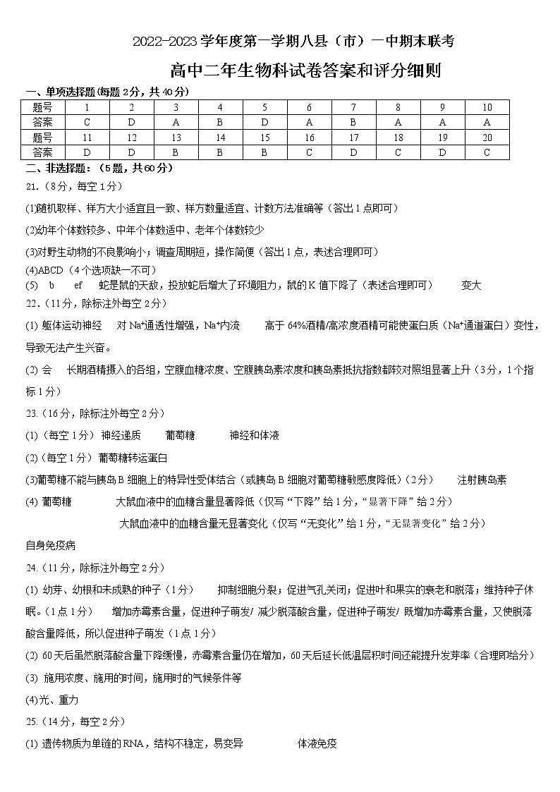2023福州八县（、区）一中高二上学期期末联考生物试题含答案01
