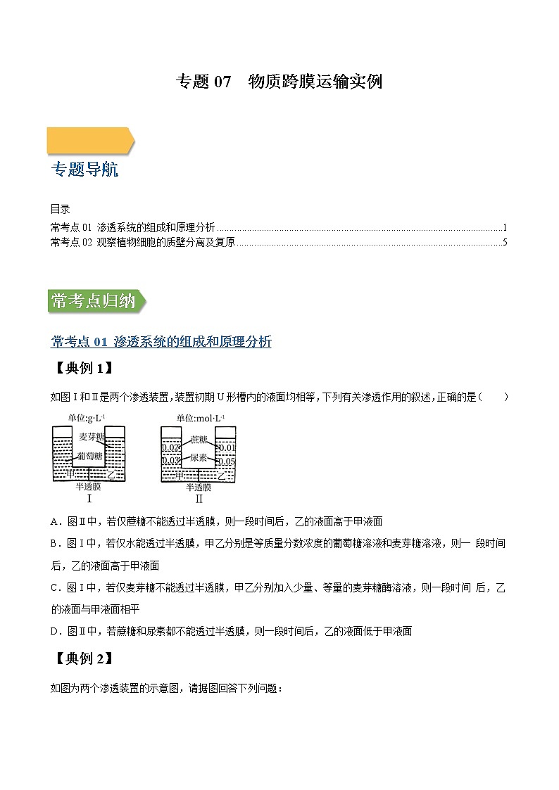 专题07 物质跨膜运输实例-高三毕业班生物常考点归纳与变式演练（原卷版）第1页