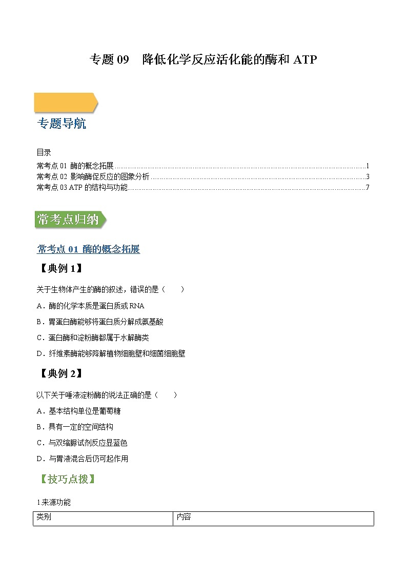 专题09 降低化学反应活化能的酶和ATP-高三毕业班生物常考点归纳与变式演练（原卷版）第1页