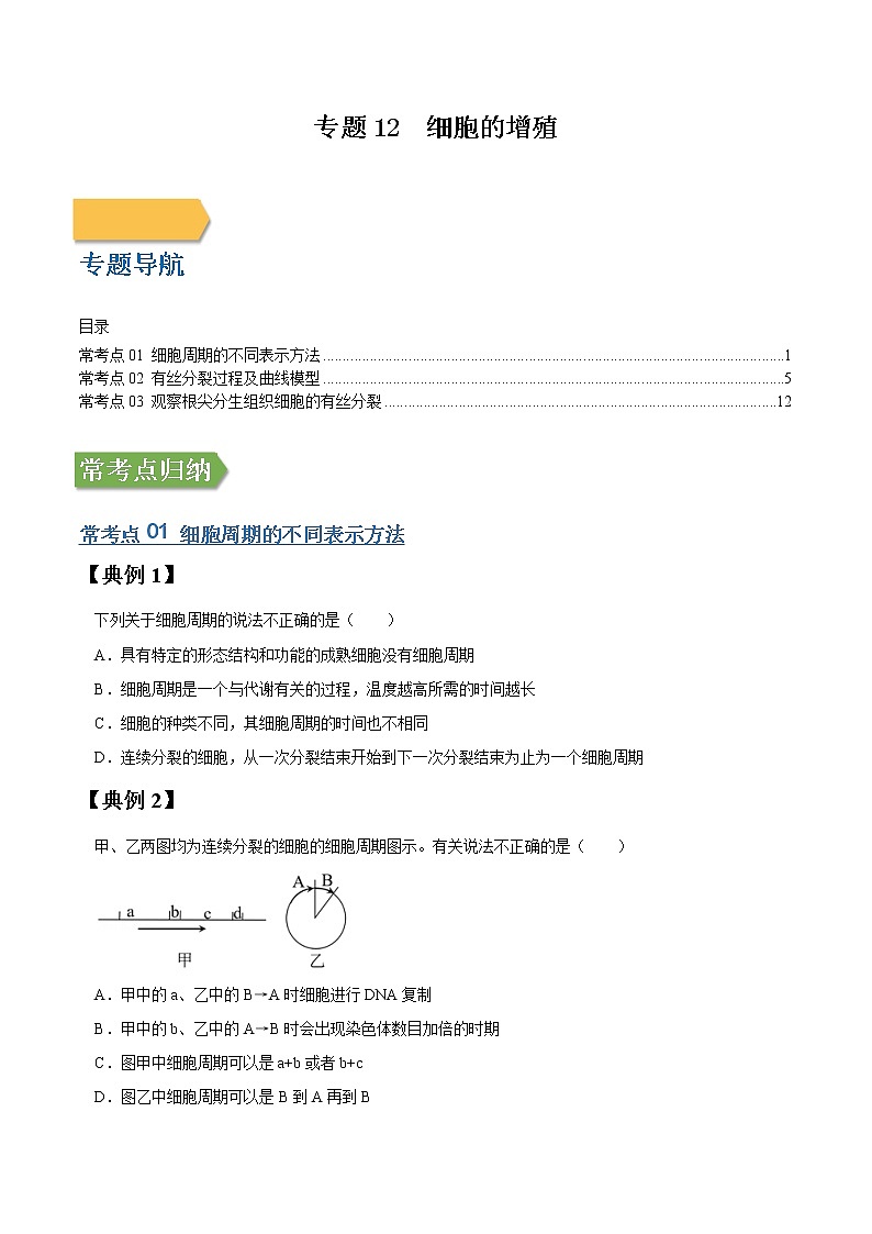 专题12 细胞的增殖-高三毕业班生物常考点归纳与变式演练（原卷版）第1页
