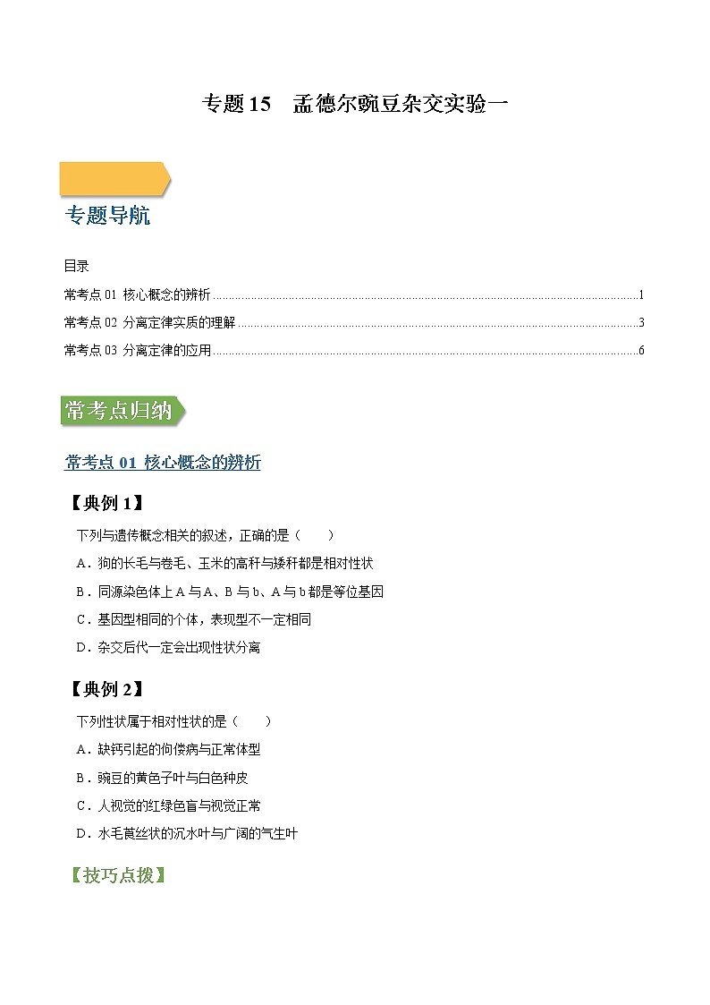 专题15 孟德尔豌豆杂交实验一-高三毕业班生物常考点归纳与变式演练（原卷版）第1页