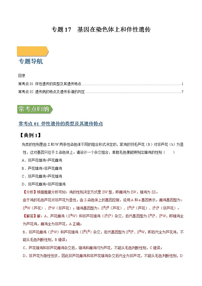 专题17 基因在染色体上和伴性遗传-高三毕业班生物常考点归纳与变式演练（解析版）第1页