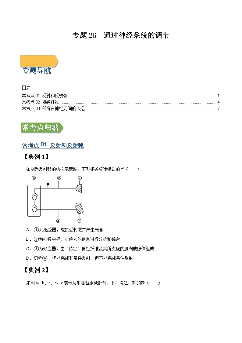 专题26 通过神经系统的调节-高三毕业班生物常考点归纳与变式演练（原卷版）第1页