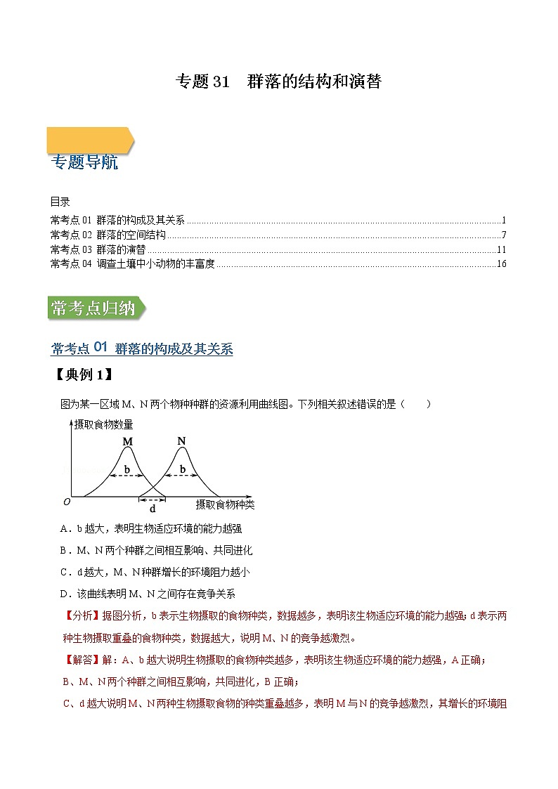 专题31 群落的结构和演替-高三毕业班生物常考点归纳与变式演练（解析版）第1页