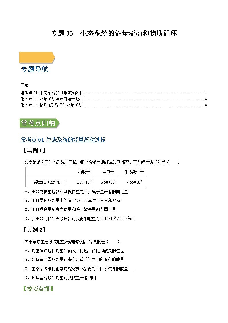 专题33 生态系统的能量流动和物质循环-高三毕业班生物常考点归纳与变式演练（原卷版）第1页