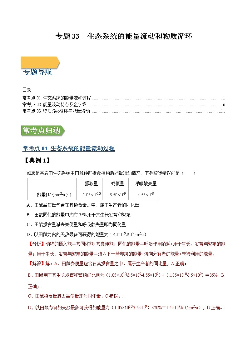专题33 生态系统的能量流动和物质循环-高三毕业班生物常考点归纳与变式演练（解析版）第1页