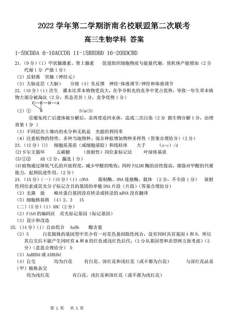 浙江省浙南名校联盟2022-2023学年高三下学期第二次联考生物参考答案（定稿）第1页