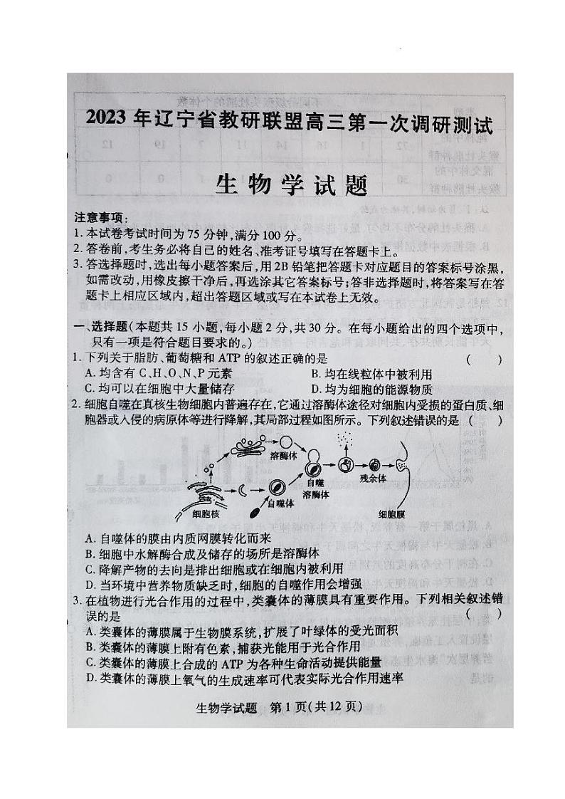 2023届辽宁省教研联盟高三第一次调研测试（一模）生物试题01