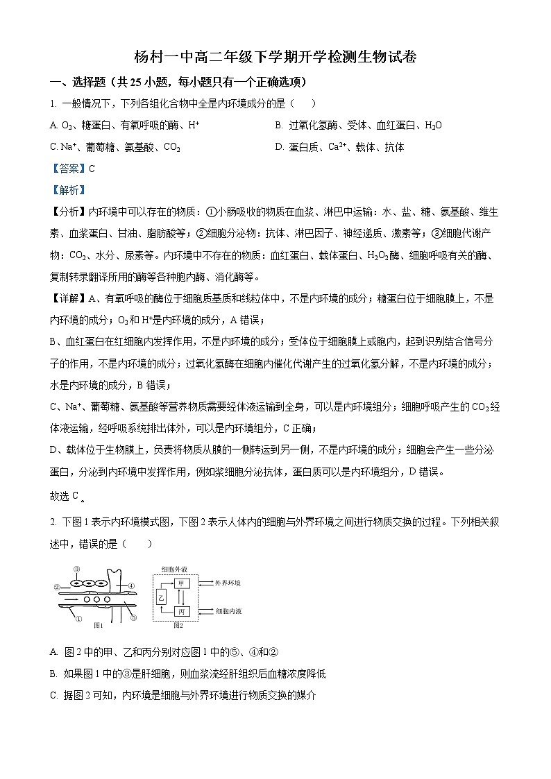 2023天津武清区杨村第一中写高二下学期开学检测生物试题含解析01