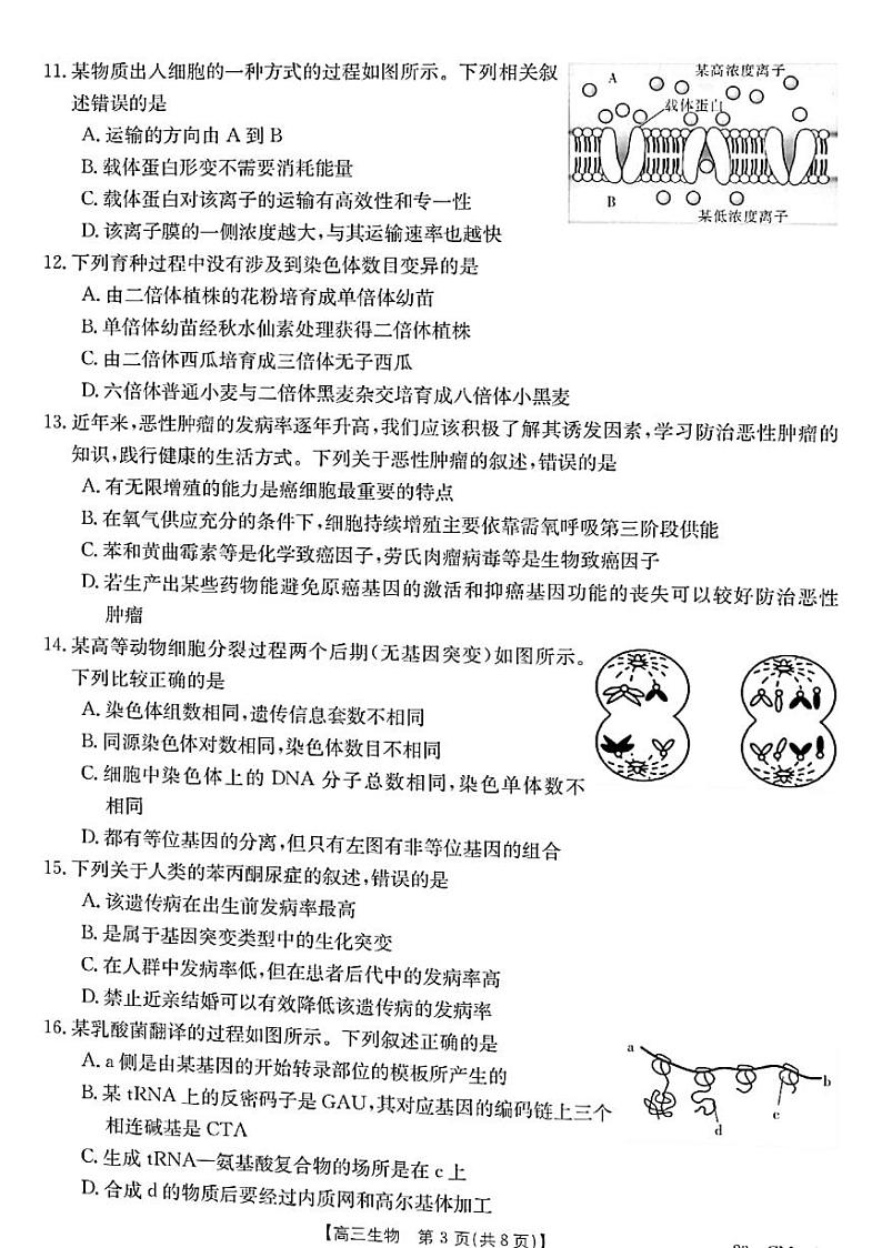 2022-2023学年浙江省百校联考（浙里卷天下）高三上学期12月测试生物试题 PDF版第3页