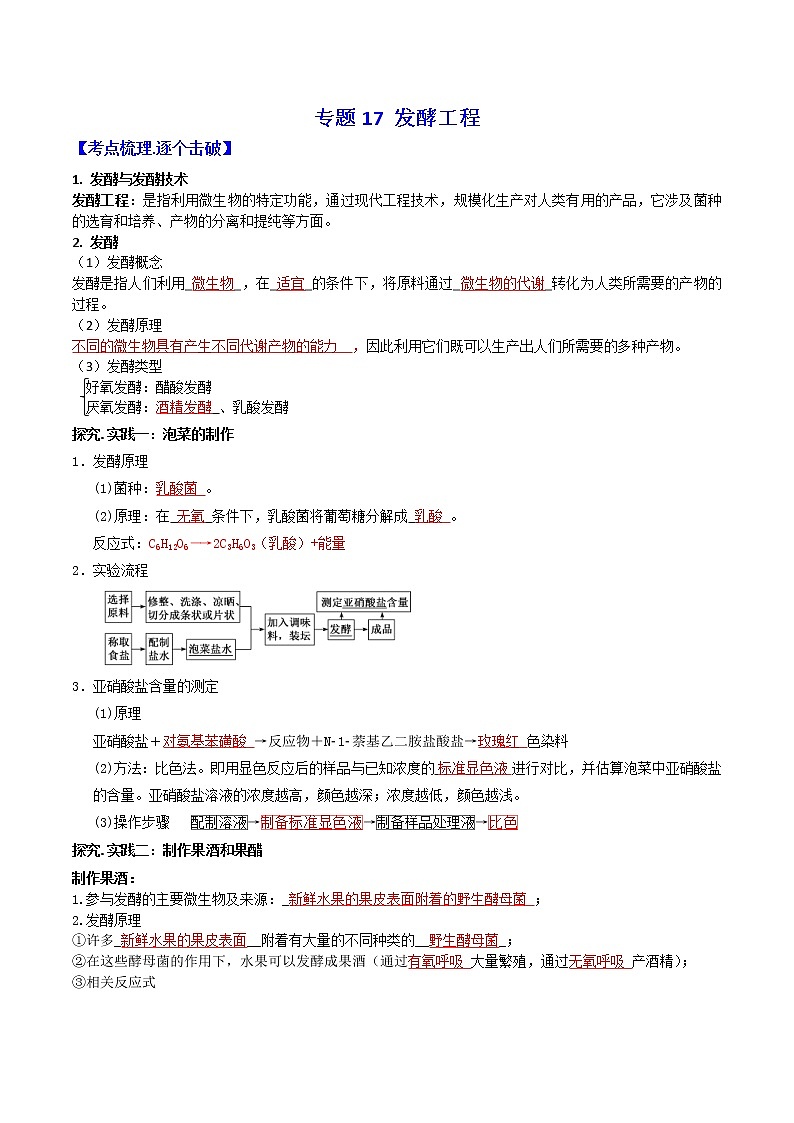 2023年高考生物必备知识大串讲专题17 传统发酵技术的应用（教师版）第1页