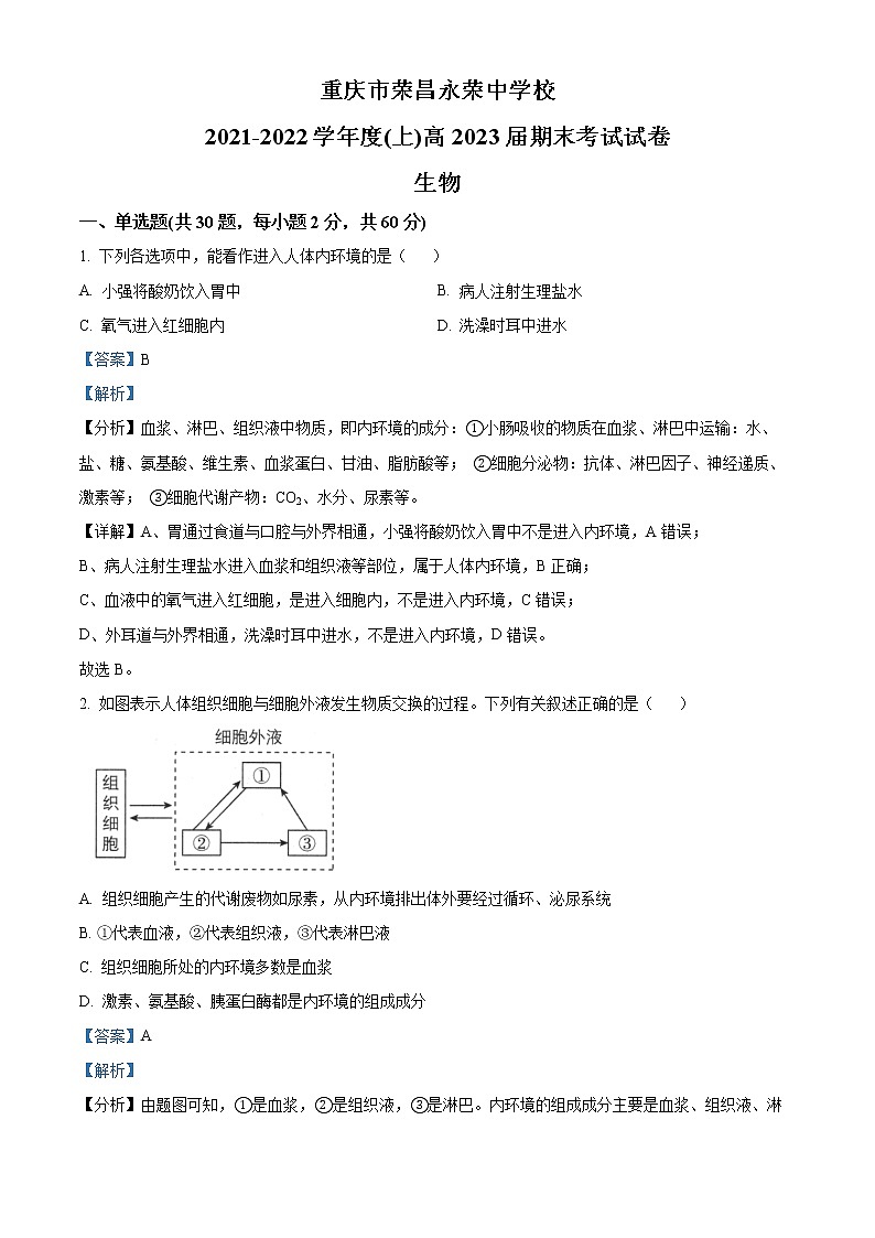 重庆市荣昌区永荣中学2021-2022学年高二上学期期末考试生物试题含解析第1页