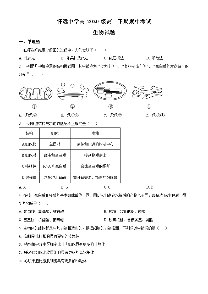 2022成都崇州怀远中学高二下学期期中考试生物试题含解析01