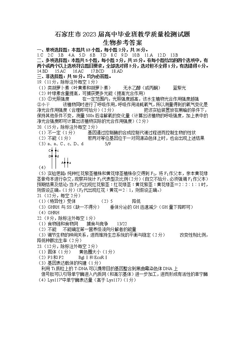 石家庄市2023届高中毕业年级教学质量检测（一）生物试题及答案01