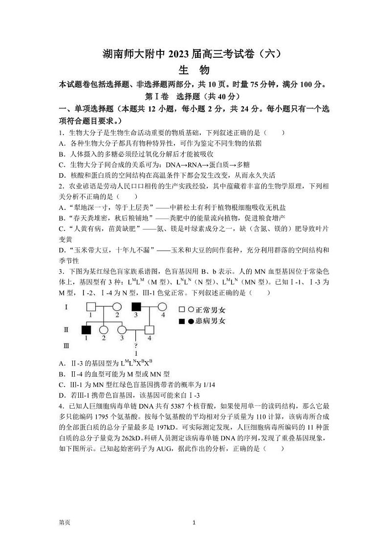 2022-2023学年湖南师范大学附属中学高三下学期考试卷（六）生物PDF版含答案第1页