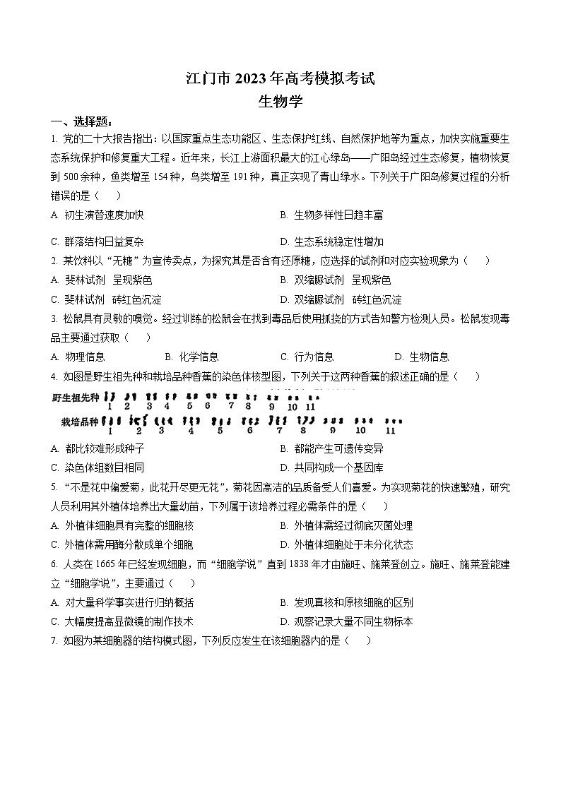 2023届广东省江门市高三一模生物试题（原卷版）第1页