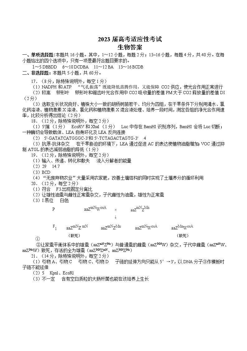 生物参考答案及评分标准：2023届高考适应性考试第1页