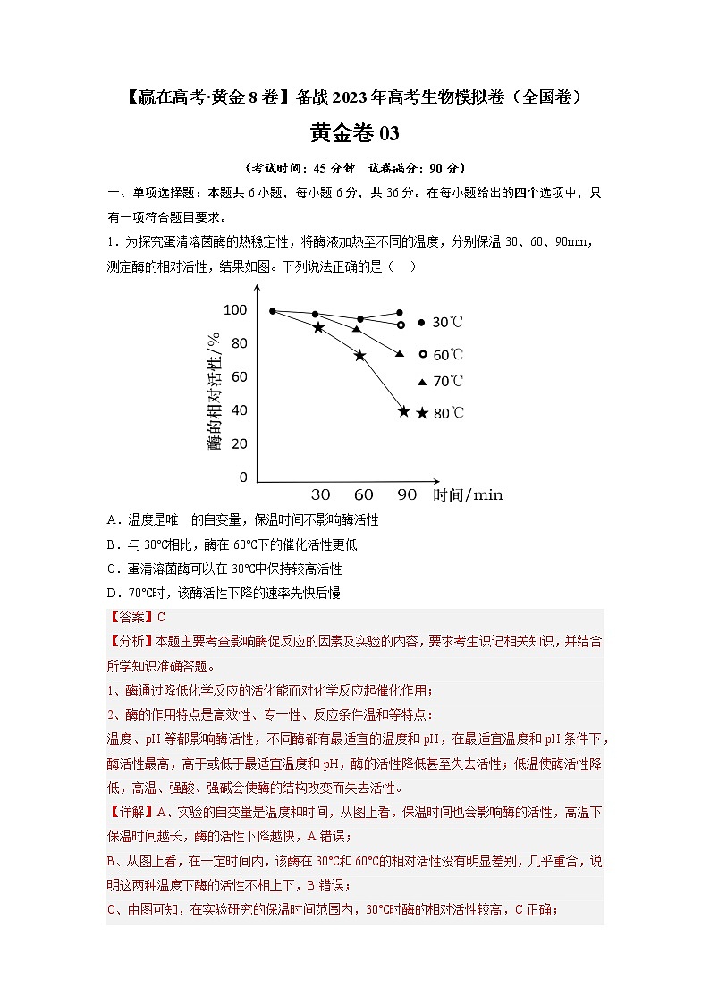 黄金卷03-【赢在高考·黄金8卷】备战2023年高考生物模拟卷（全国卷）01