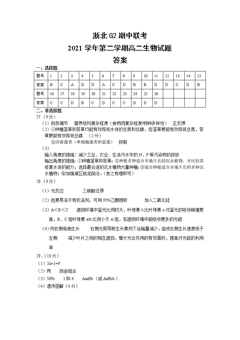 2022浙北G2联盟（湖州中学、嘉兴一中）高二下学期期中联考生物试题含答案01