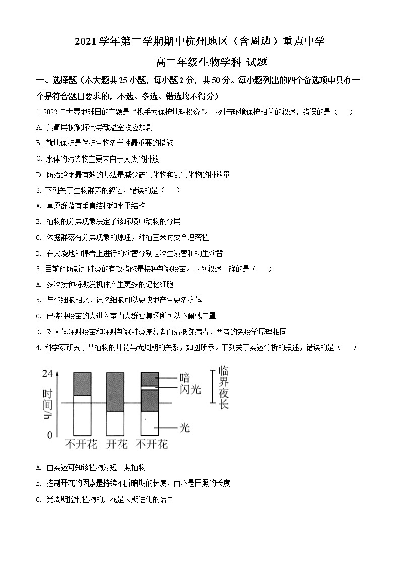 2022杭州地区（含周边）重点中学高二下学期期中考试生物含解析01