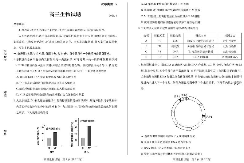 2021届山东省滨州市高三下学期3月一模生物试题 PDF版01