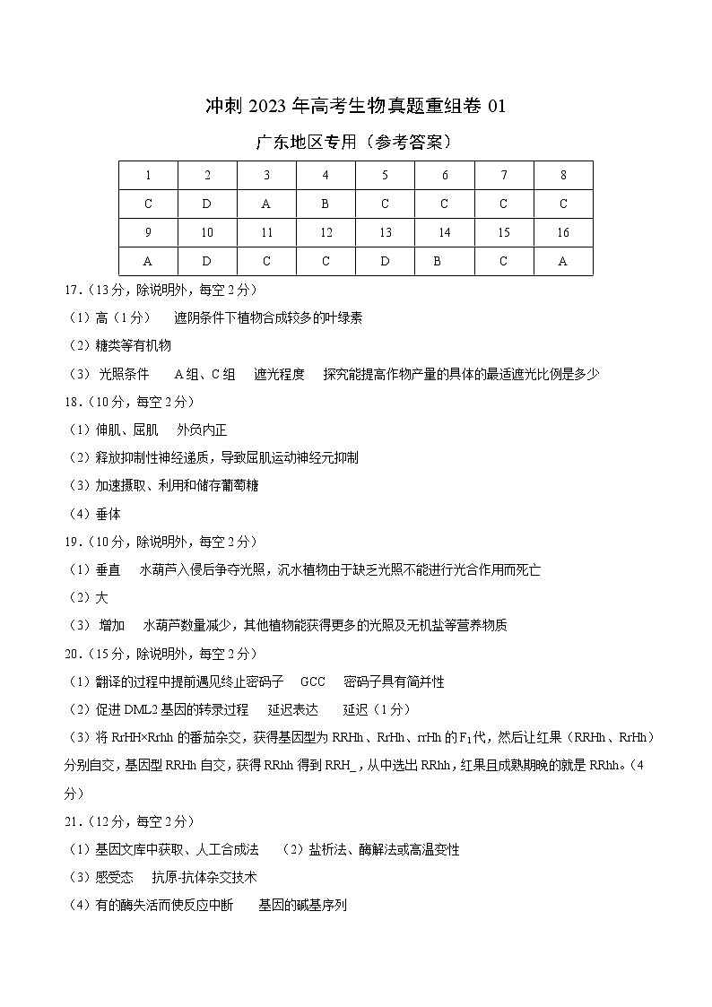 卷01——【备考2023】高考生物真题重组卷（广东专用）（含解析）01