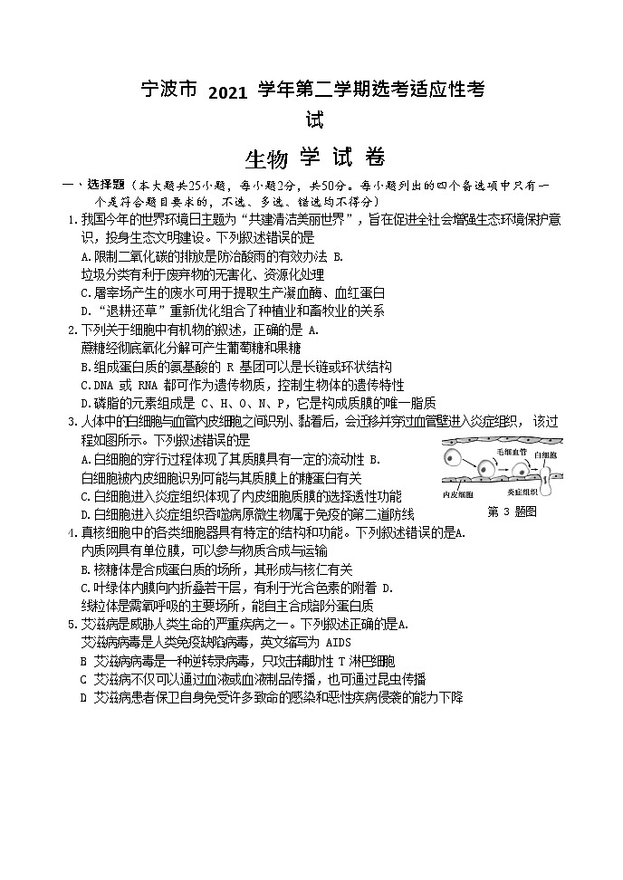 2022宁波高三下学期高考模拟考试（二模）生物含答案01