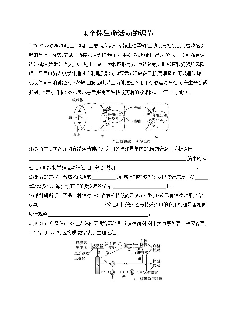 2023届高考二轮总复习试题 生物（适用于老高考新教材） 大题分析与表达练 4.个体生命活动的调节 Word版含解析第1页