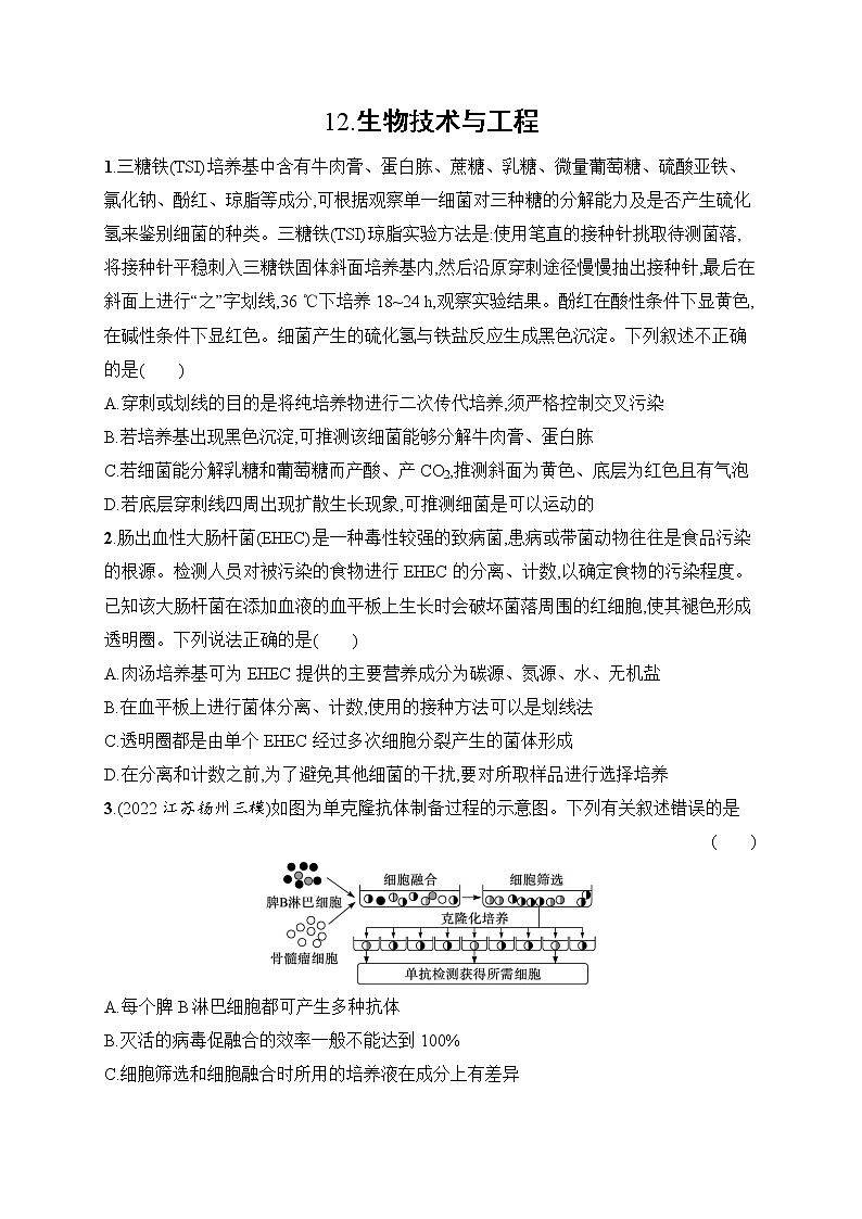2023届高考二轮总复习试题 生物（适用于老高考新教材） 知识对点小题练 12.生物技术与工程 Word版含解析第1页