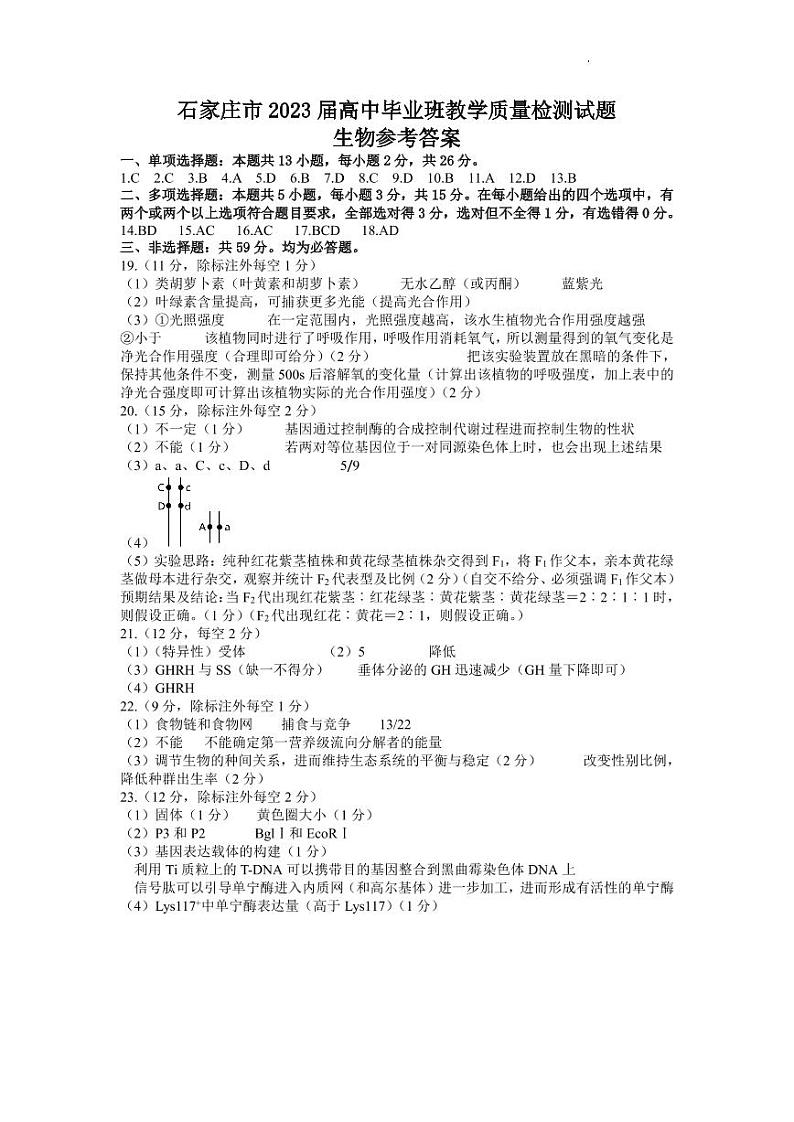 2023届河北省石家庄市高三下学期3月教学质量检测（一）生物PDF版含答案01