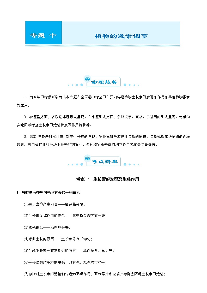 高中生物高考 2021届高考二轮精品专题十 植物的激素调节 学生版第1页