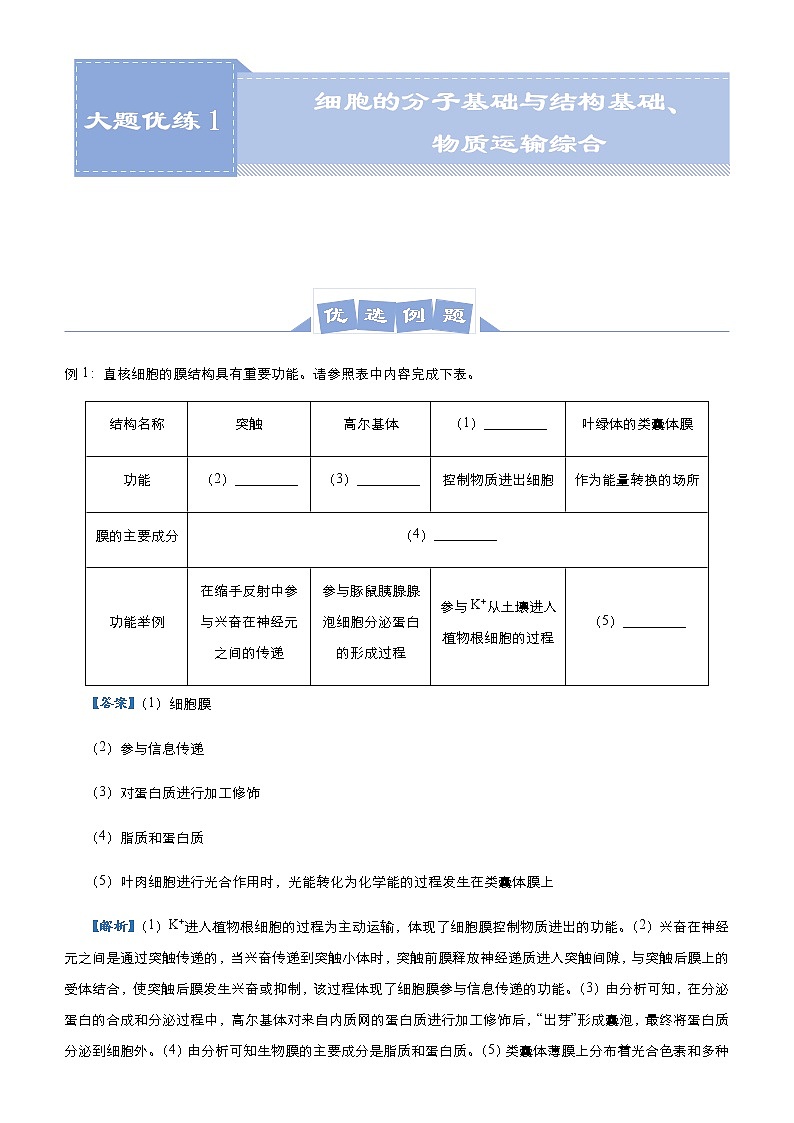 高中生物高考 2021届高三大题优练1 细胞的分子基础与结构基础、物质运输综合 教师版第1页