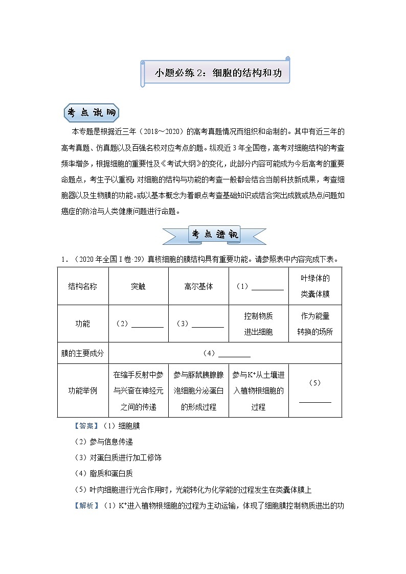 高中生物高考 2021届小题必练2  细胞的结构和功能 教师版01