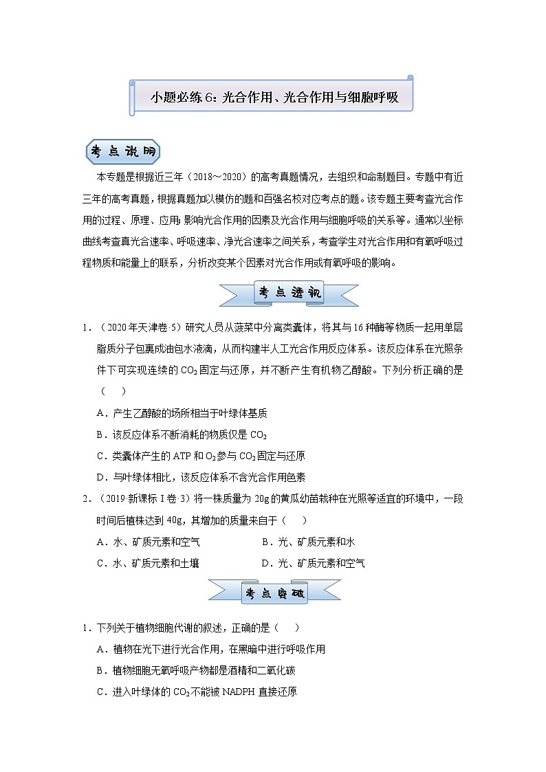 高中生物高考 2021届小题必练6  光合作用、光合作用与细胞呼吸的关系 学生版第1页