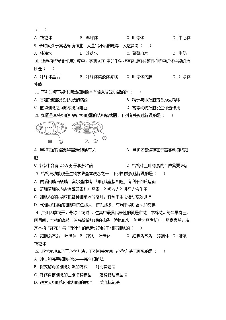 广东省广州市六区2022-2023学年高一生物上学期期末教学质量监测试题（Word版附答案）第2页