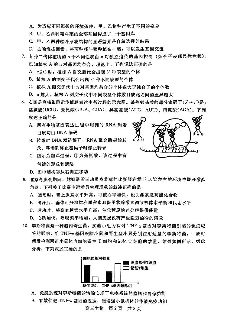 2023届河北省高三下学期高考前适应性考试 生物试题及答案02