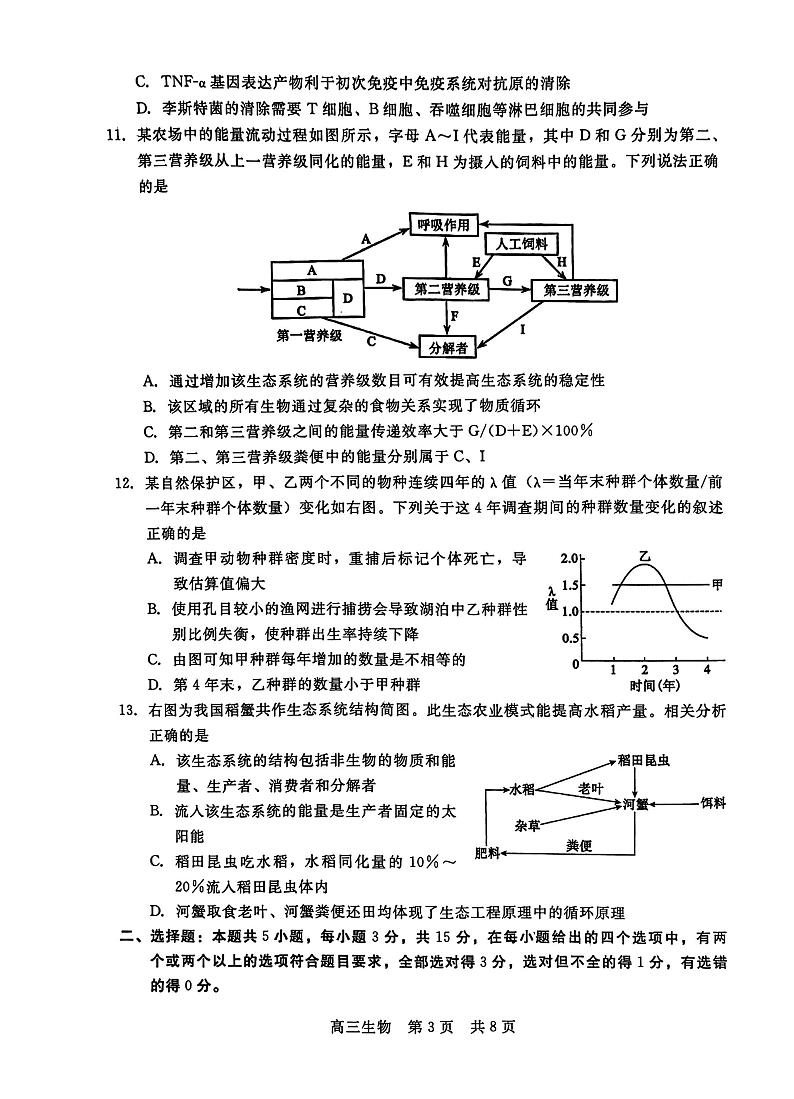 2023届河北省高三下学期高考前适应性考试 生物试题及答案03