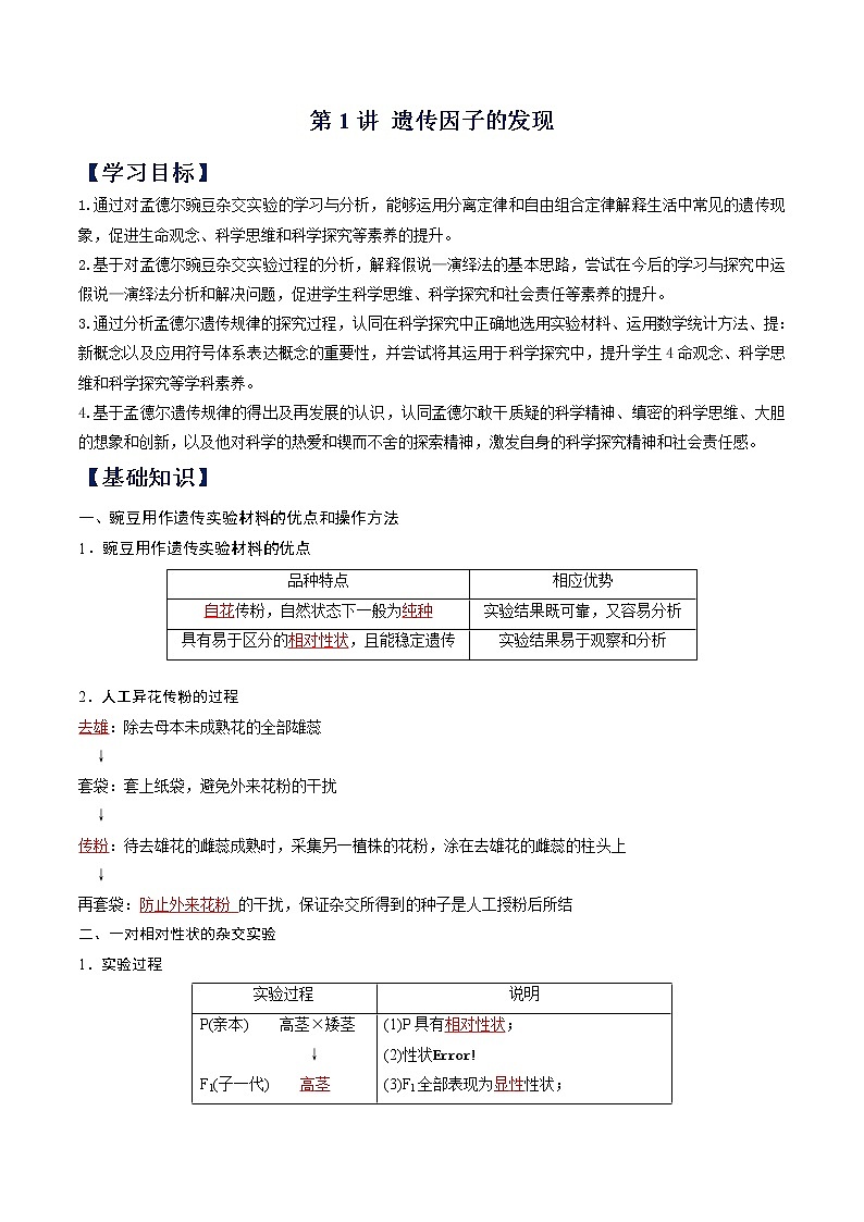 (寒假班)人教版高中生物必修二同步讲义第01讲 遗传因子的发现-（含详解）01