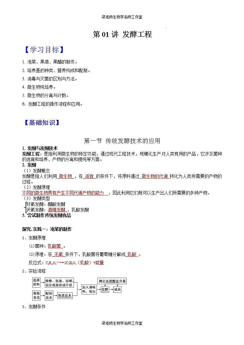 (寒假班)人教版高中生物选择性必修三同步讲义第01讲 发酵工程（解析版）第1页