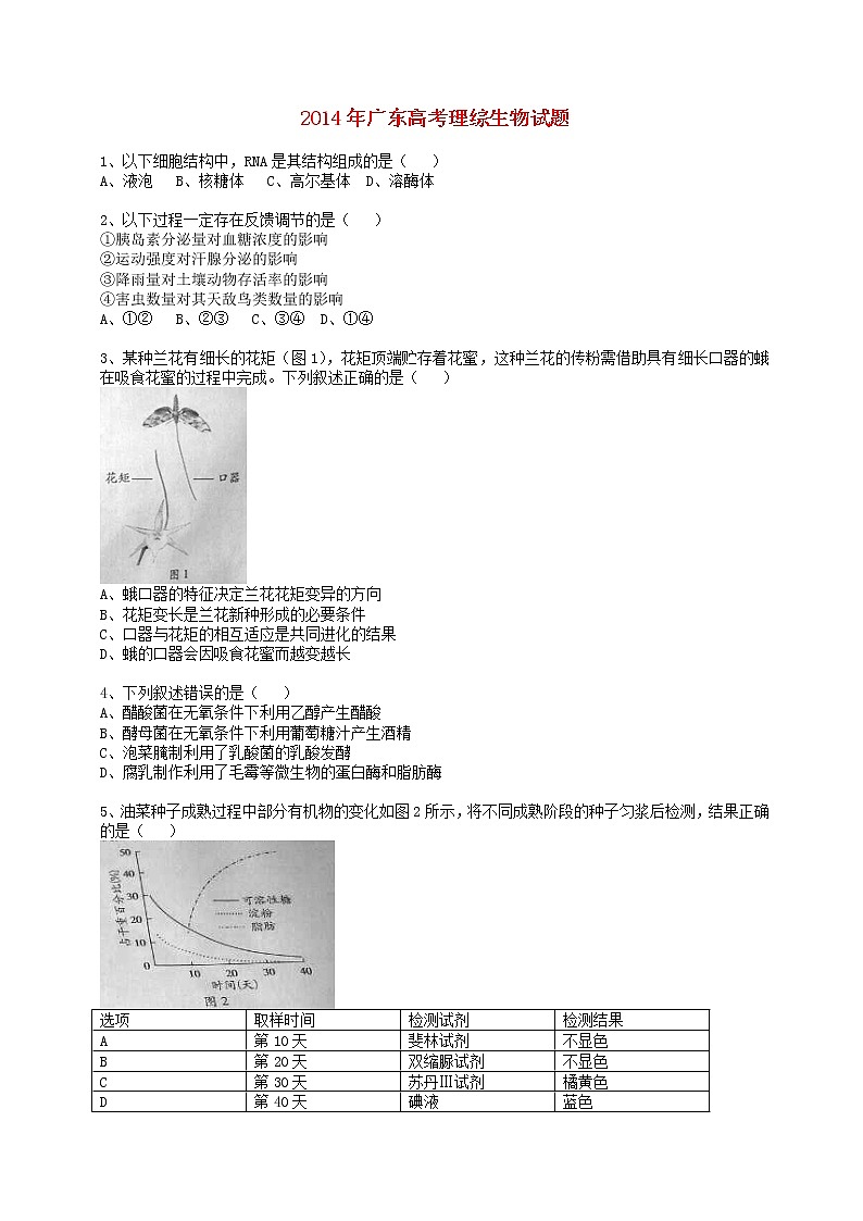 高中生物高考2014年普通高等学校招生全国统一考试理综生物试题（广东卷，无答案）第1页