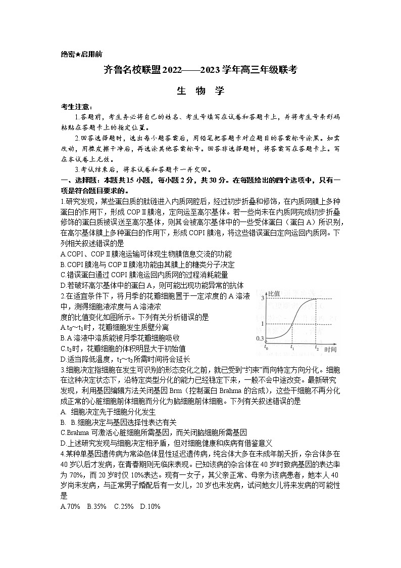 山东省齐鲁名校2023届高三3月大联考丨生物试题及答案01