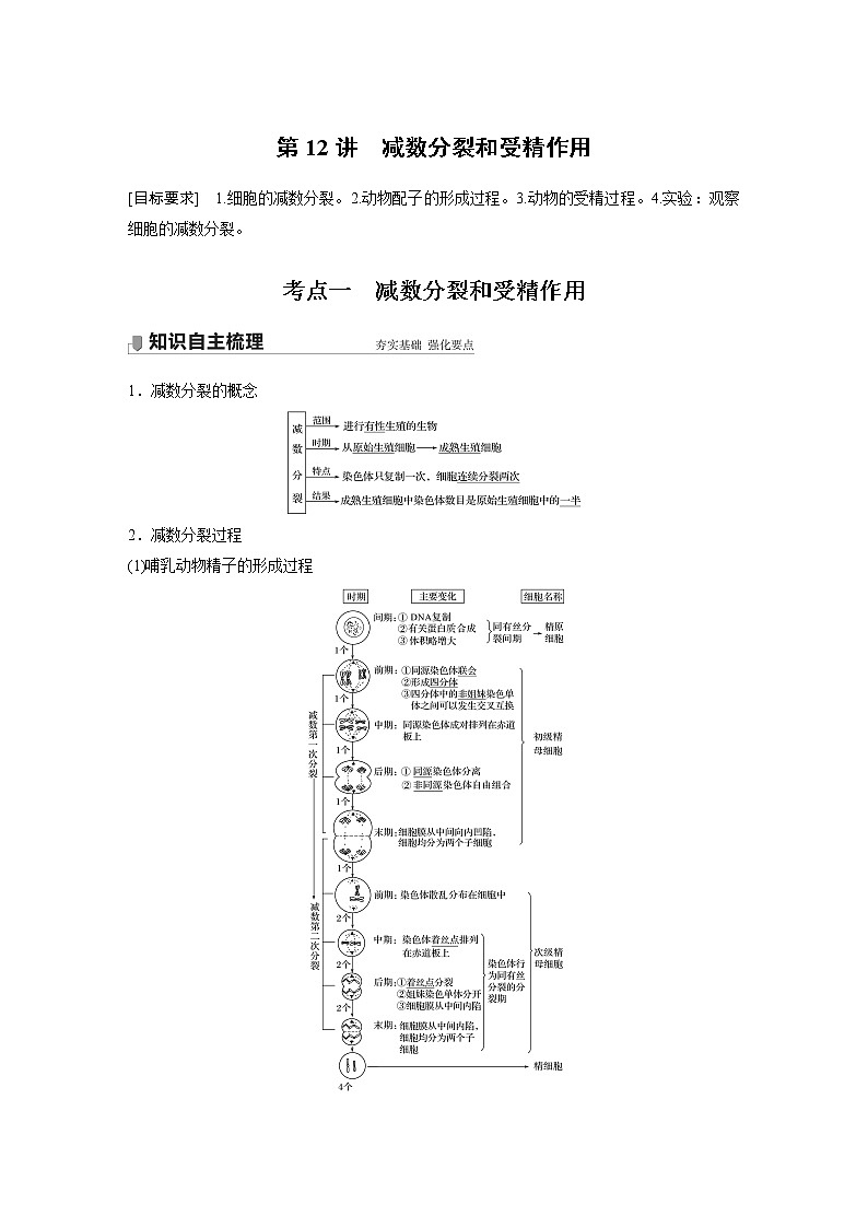 高中生物高考2022年高考生物一轮复习 第4单元 第12讲　减数分裂和受精作用 试卷01
