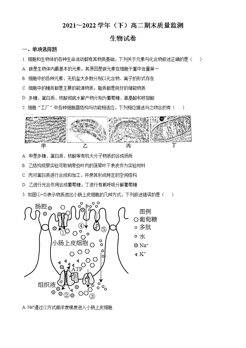江苏省南通市2021-2022学年高二下学期期末质量检测生物试题无答案第1页